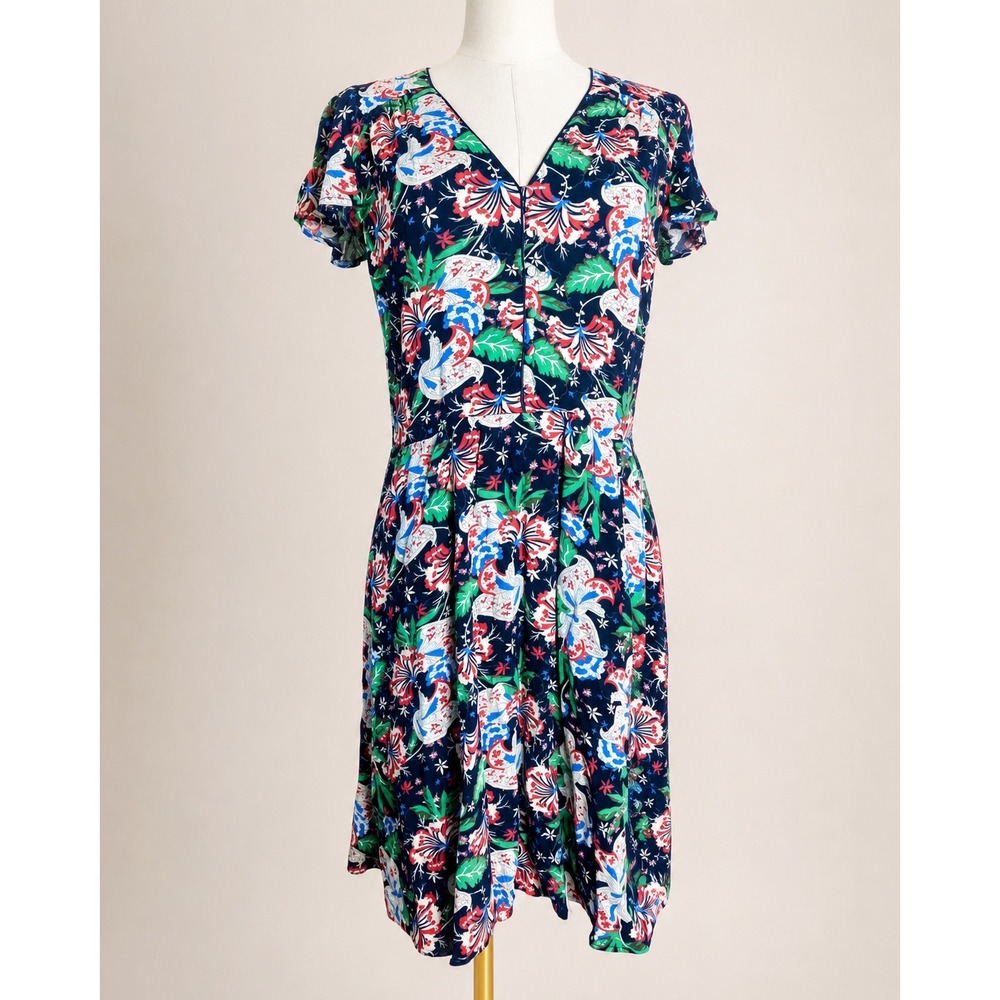 J.Crew Navy Floral Flutter Sleeve Fit & Flare Dress Size 2 Cottagecore Boho - Picture 9 of 10